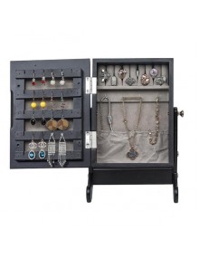 Small Mirror Jewelry Cabinet Organizer Armoire Storage Box Countertop with Stand Black